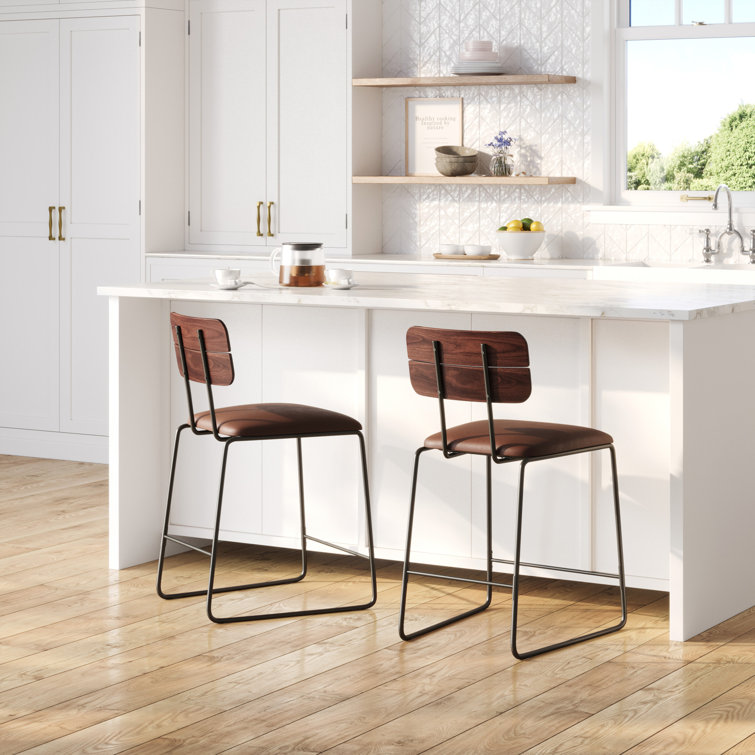 Brown Leather and Wood Swivel Counter Stool with Metal Frame