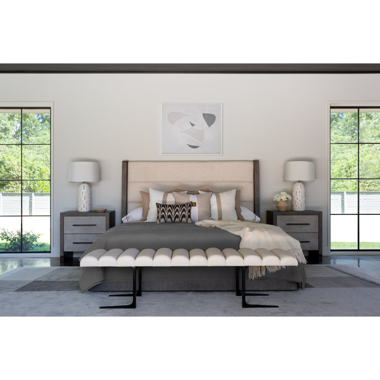 King Beige Upholstered Low Profile Bed with Wood Frame