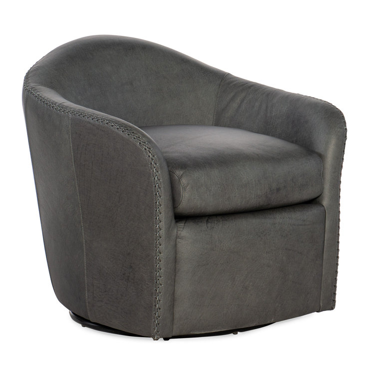 Big Top Blue Steel Leather Swivel Barrel Accent Chair