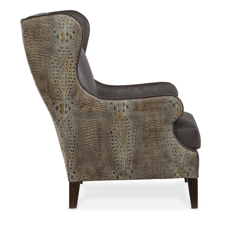 Gray Leather Wingback Accent Chair with Dark Wood Legs