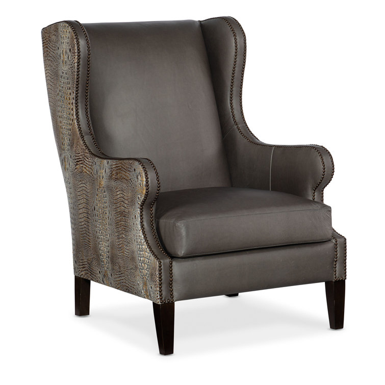 Gray Leather Wingback Accent Chair with Dark Wood Legs