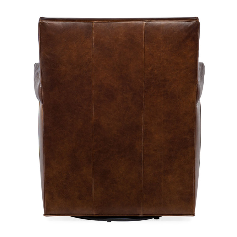 Brown Leather Swivel Club Chair with Manufactured Wood Base
