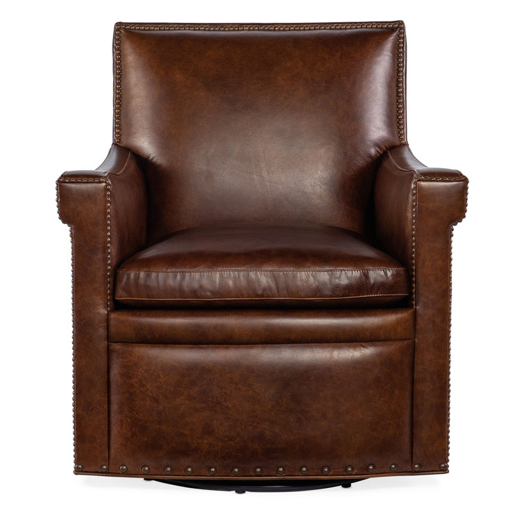 Brown Leather Swivel Club Chair with Manufactured Wood Base
