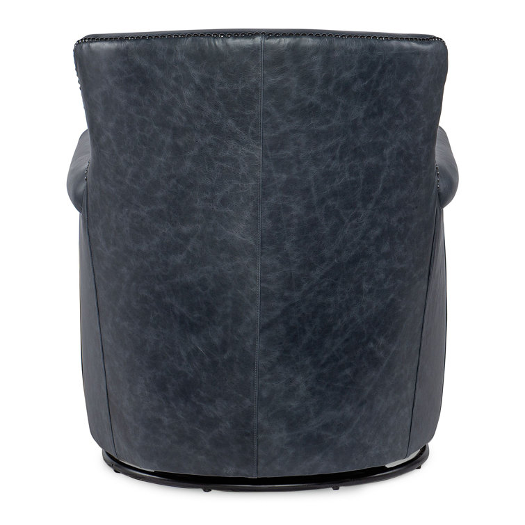 Blue Leather Swivel Accent Chair with Wood Frame