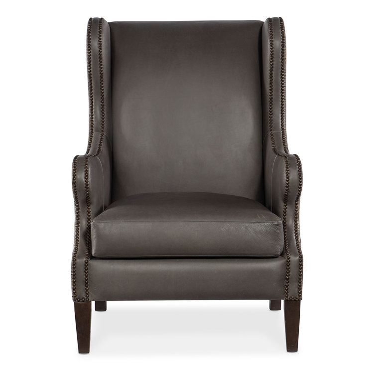 Gray Leather Wingback Accent Chair with Dark Wood Legs