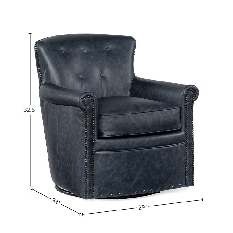 Blue Leather Swivel Accent Chair with Wood Frame