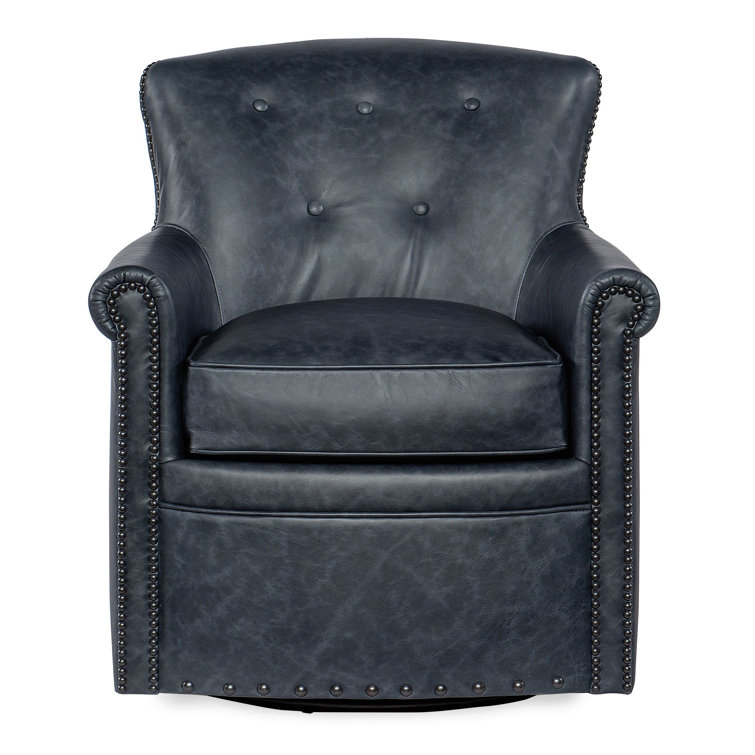 Blue Leather Swivel Accent Chair with Wood Frame