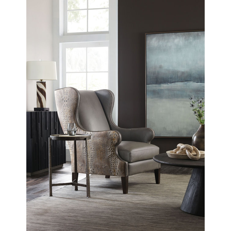 Gray Leather Wingback Accent Chair with Dark Wood Legs