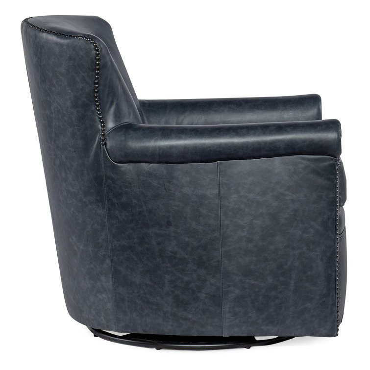 Blue Leather Swivel Accent Chair with Wood Frame