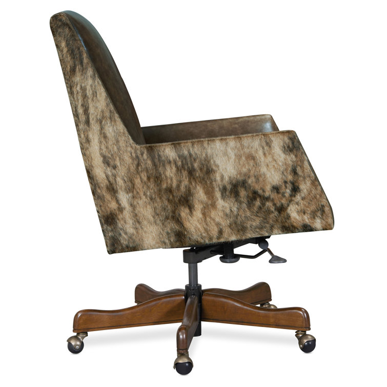 Brown Leather Swivel Executive Chair with Dark Wood Base