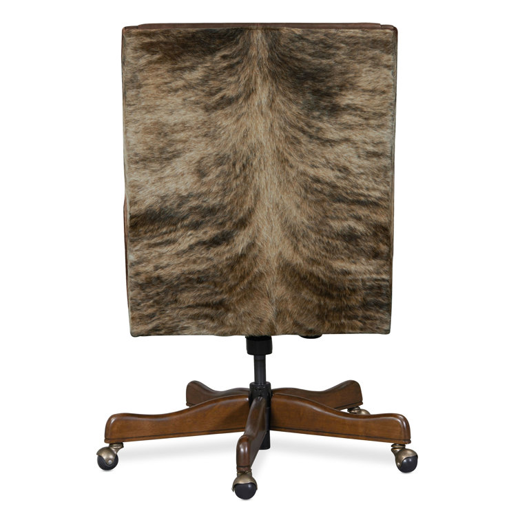 Brown Leather Swivel Executive Chair with Dark Wood Base