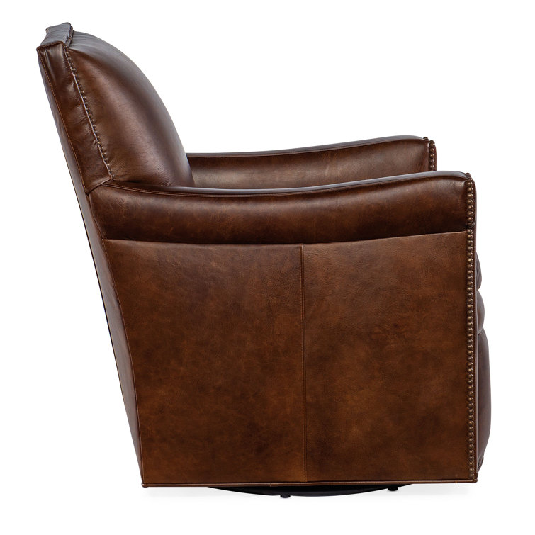 Brown Leather Swivel Club Chair with Manufactured Wood Base