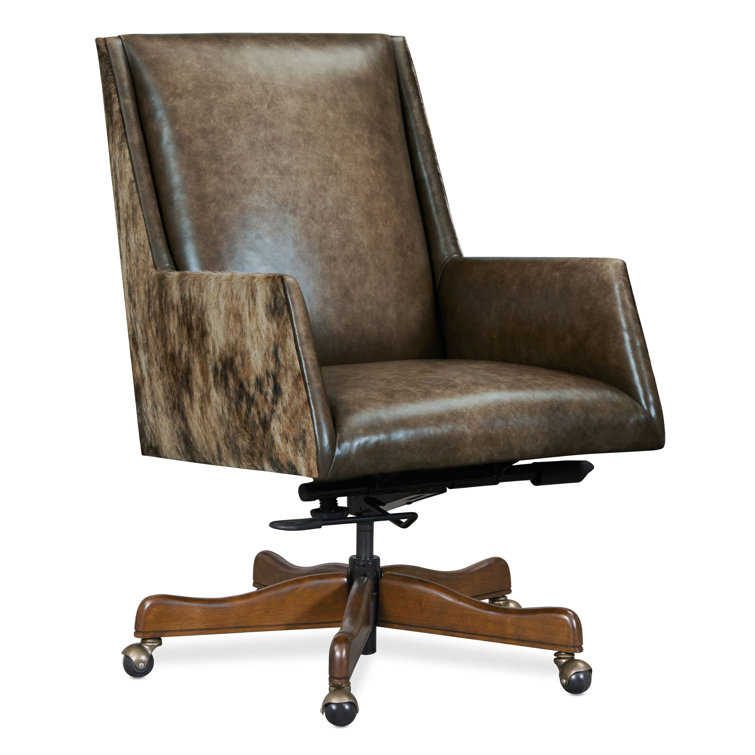 Brown Leather Swivel Executive Chair with Dark Wood Base
