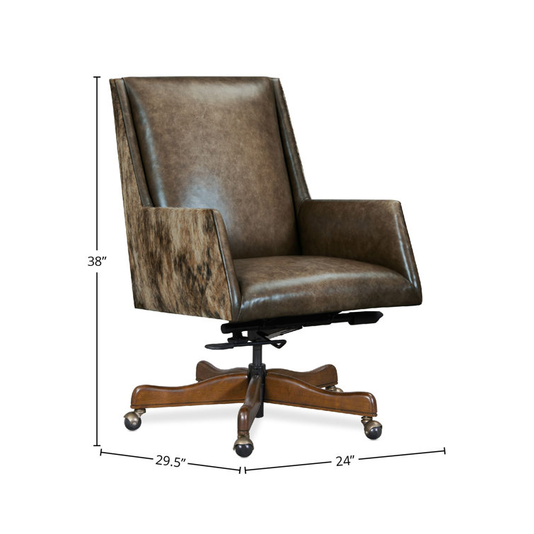 Brown Leather Swivel Executive Chair with Dark Wood Base
