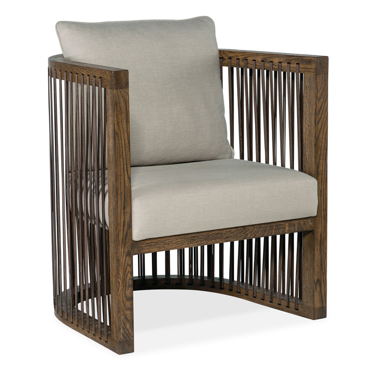 Taupe Beige Barrel Chair with Leather Strapping