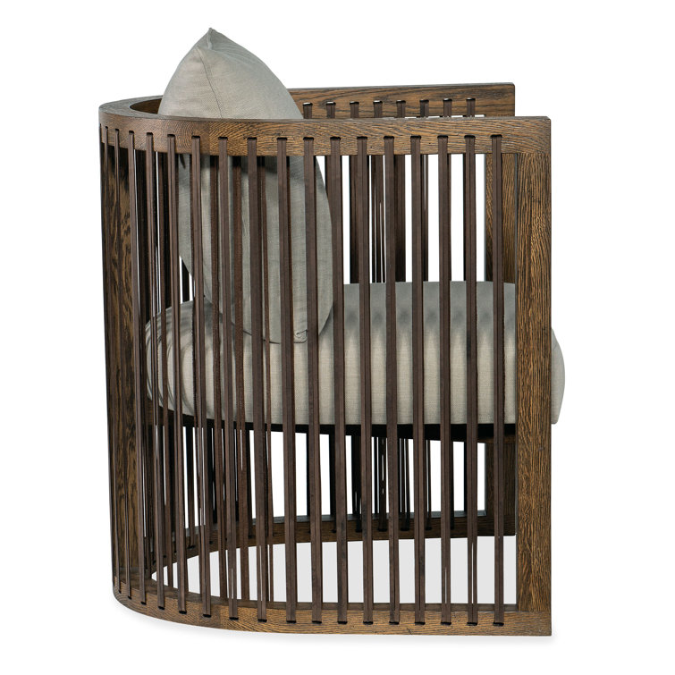 Taupe Beige Barrel Chair with Leather Strapping