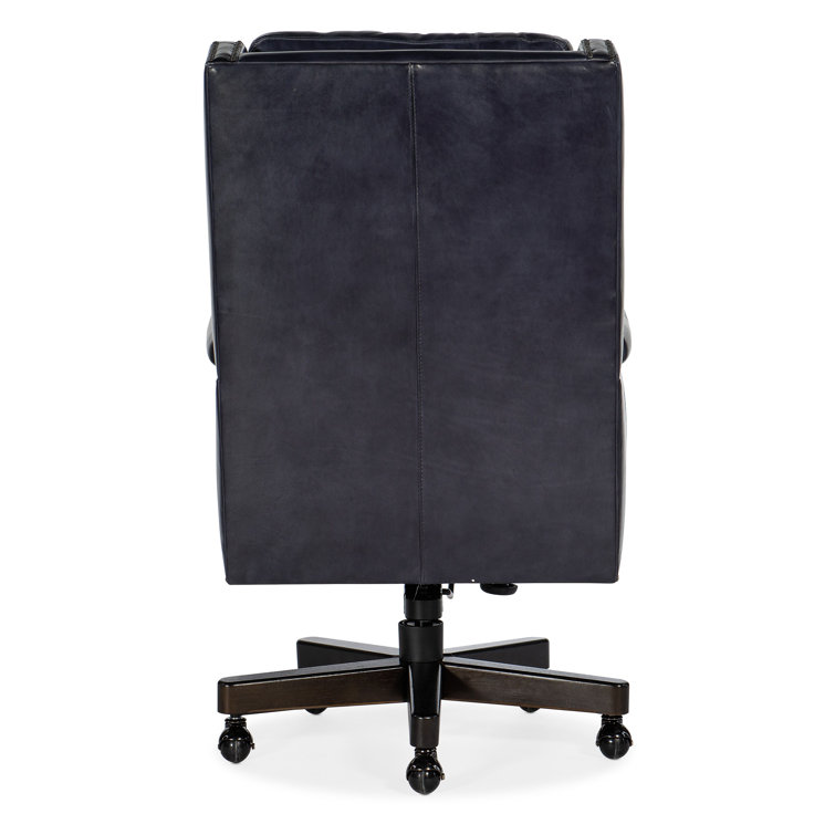 Blue Leather Executive Swivel Chair with Dark Wood Base