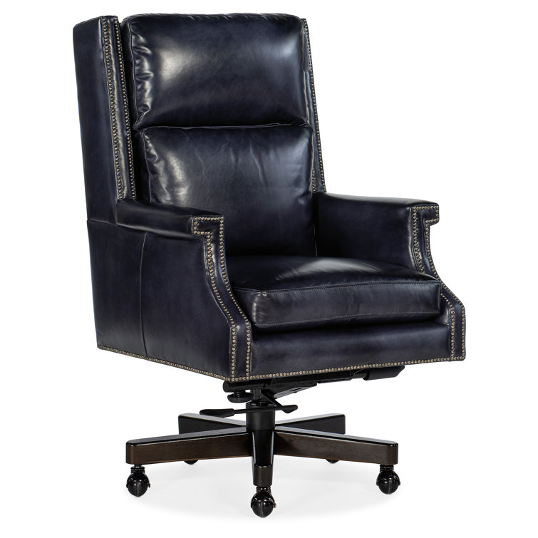 Blue Leather Executive Swivel Chair with Dark Wood Base