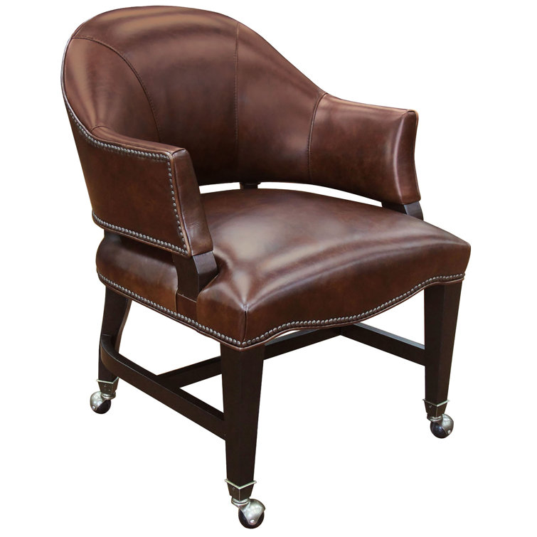 Brown Leather Upholstered Swivel Arm Chair with Wood Frame