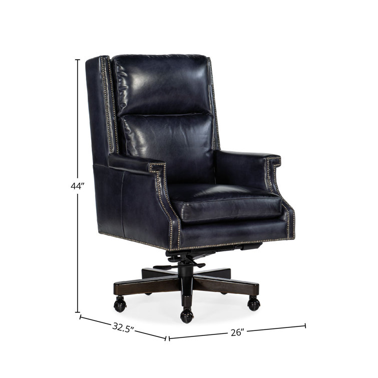 Blue Leather Executive Swivel Chair with Dark Wood Base