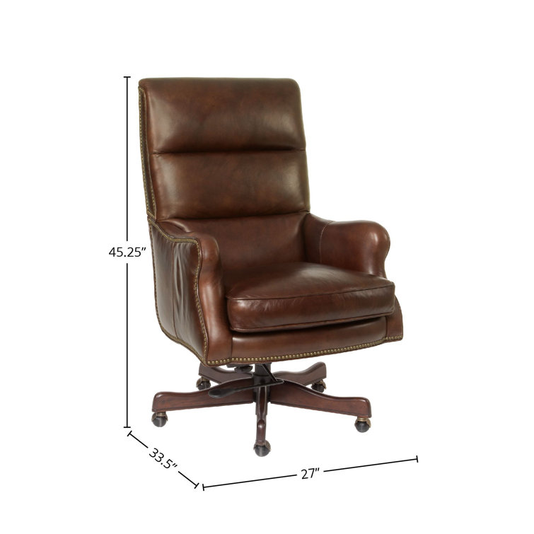 Brown Leather Swivel Executive Chair with Dark Wood Base