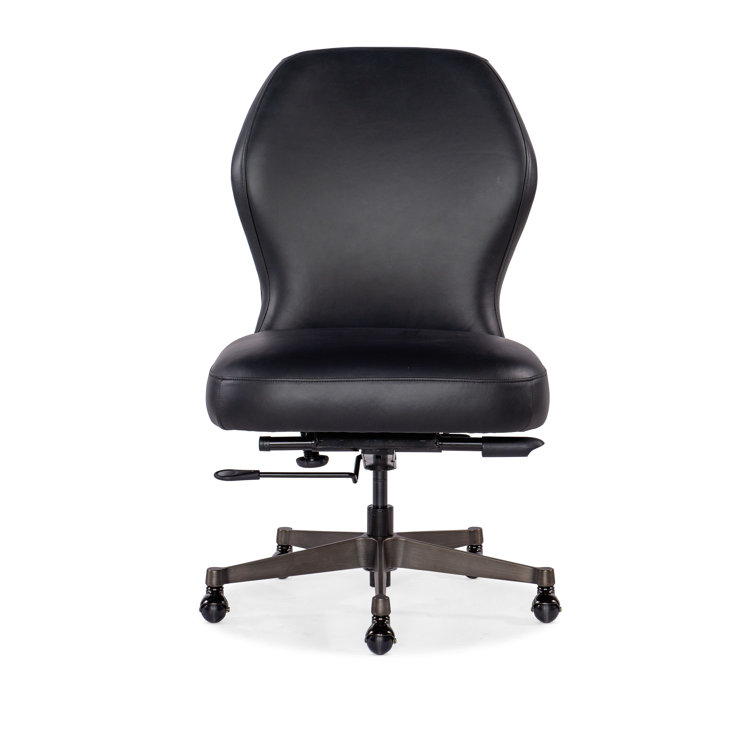 Black Leather Armless Swivel Task Chair with Gunmetal Base
