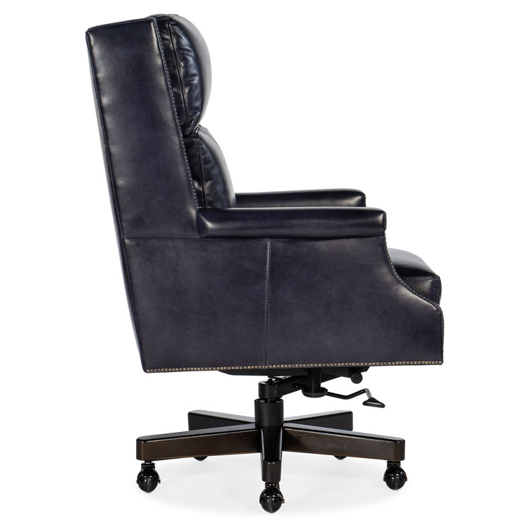 Blue Leather Executive Swivel Chair with Dark Wood Base