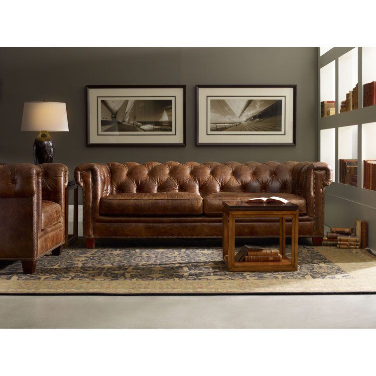 Traditional Chesterfield 94.5'' Medium-Brown Leather Sofa with Brass Nailhead Accents
