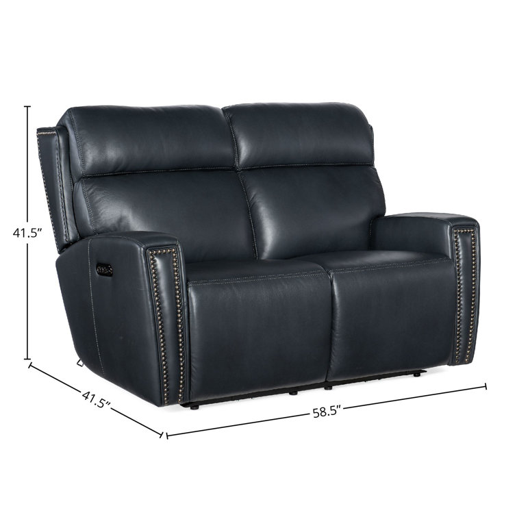 Salvo Denim Blue Leather Power Reclining Loveseat with Nailhead Trim