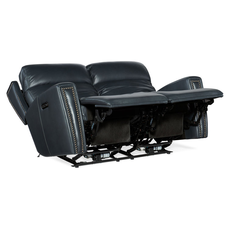 Salvo Denim Blue Leather Power Reclining Loveseat with Nailhead Trim