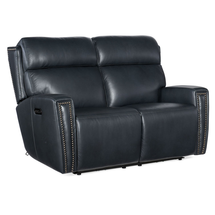 Salvo Denim Blue Leather Power Reclining Loveseat with Nailhead Trim