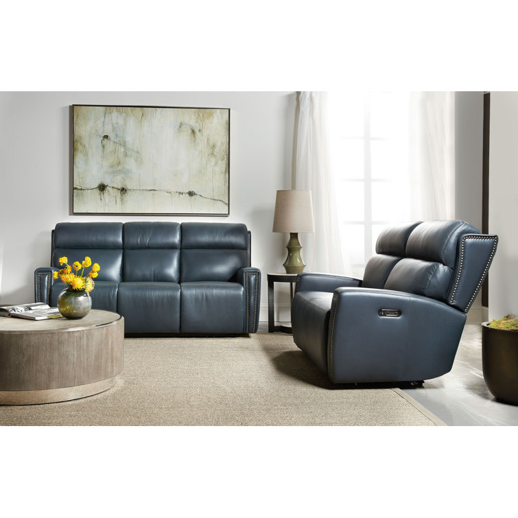 Salvo Denim Blue Leather Power Reclining Loveseat with Nailhead Trim