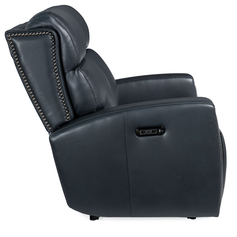 Salvo Denim Blue Leather Power Reclining Loveseat with Nailhead Trim