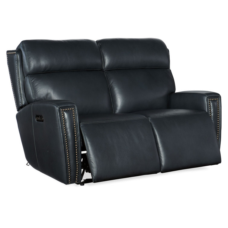 Salvo Denim Blue Leather Power Reclining Loveseat with Nailhead Trim
