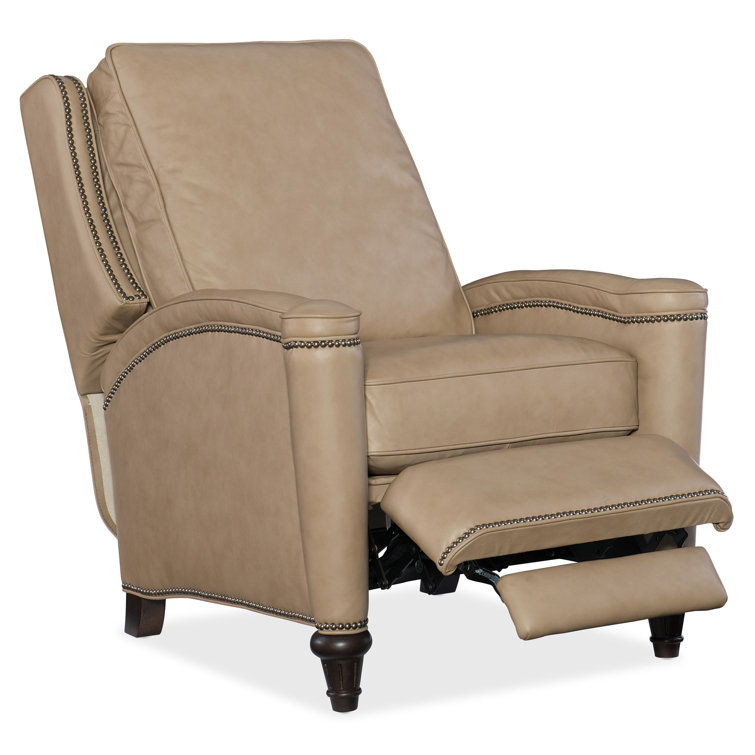 Handcrafted Beige Leather and Wood Traditional Recliner