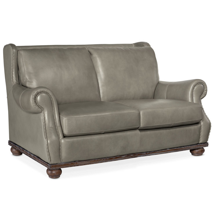 Derrick Gray Leather Loveseat with Dark Wood Base