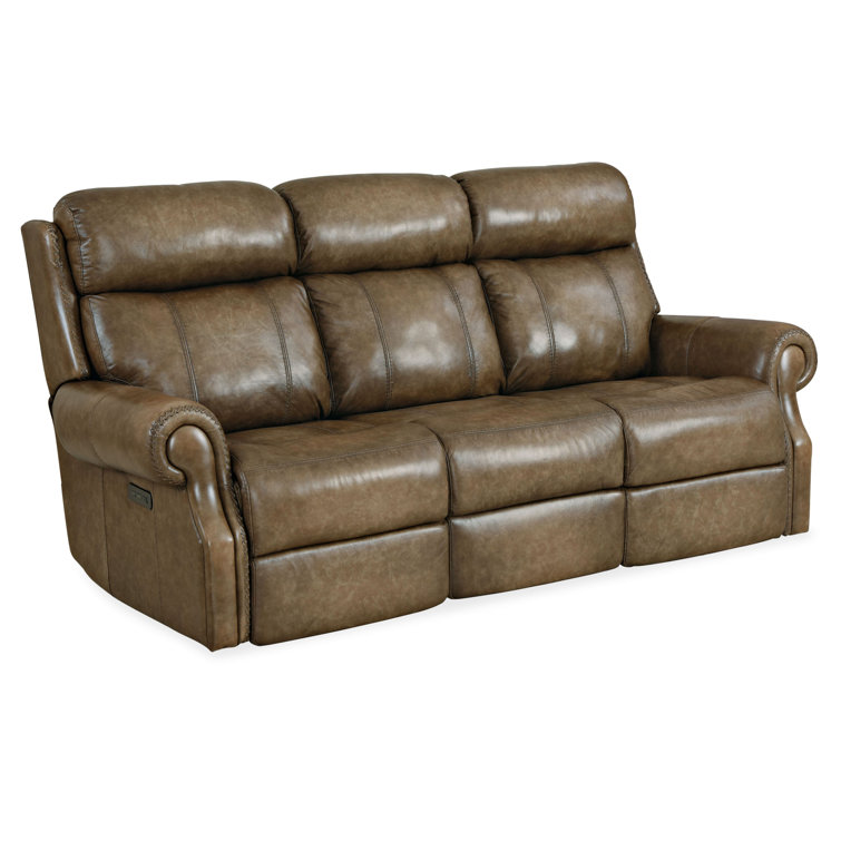 Brooks Brown Leather Power Reclining Sofa with Rolled Arms