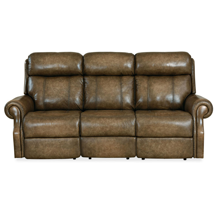 Brooks Brown Leather Power Reclining Sofa with Rolled Arms