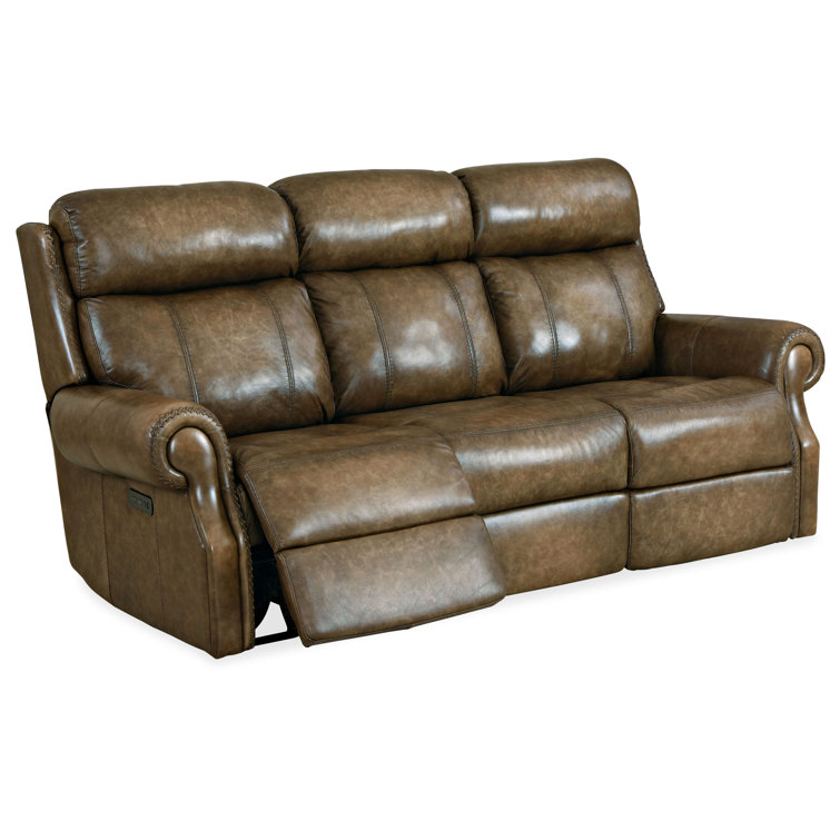 Brooks Brown Leather Power Reclining Sofa with Rolled Arms