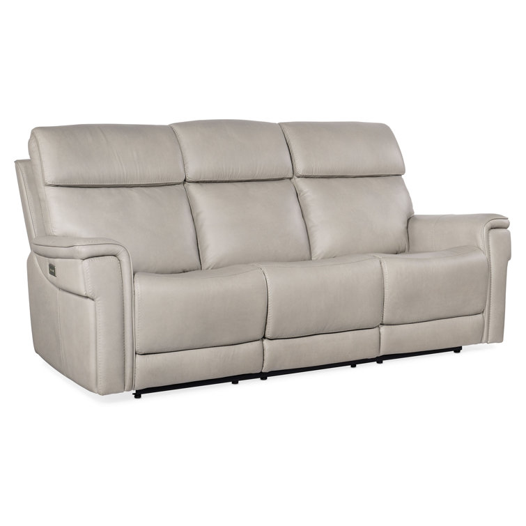 Gray Leather Reclining Sofa with Pillow-top Arms and Cup Holder