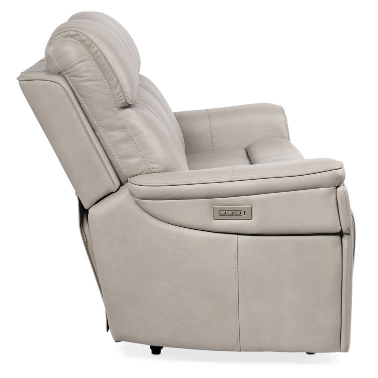 Gray Leather Reclining Sofa with Pillow-top Arms and Cup Holder