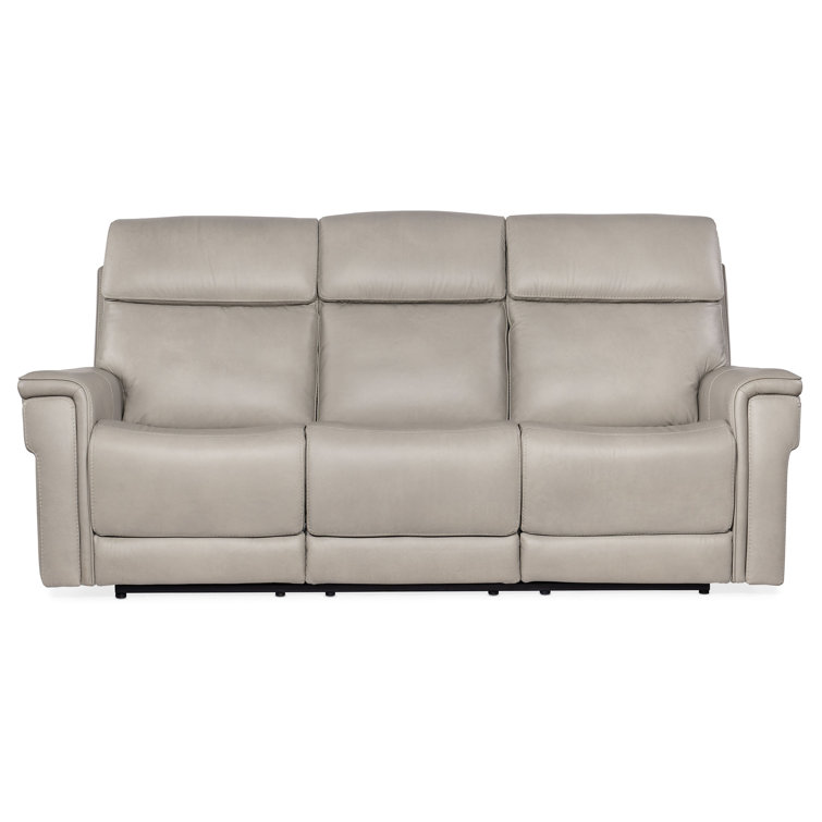Gray Leather Reclining Sofa with Pillow-top Arms and Cup Holder