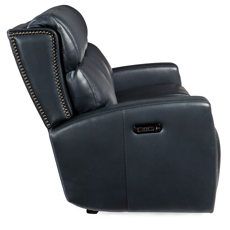 Salvo Denim Leather Reclining Sofa with Nailhead Trim