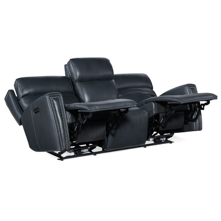 Salvo Denim Leather Reclining Sofa with Nailhead Trim