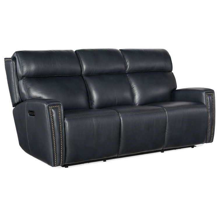 Salvo Denim Leather Reclining Sofa with Nailhead Trim