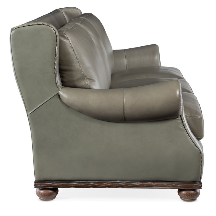 Derrick Gray Leather Sofa with Dark Wood Finish