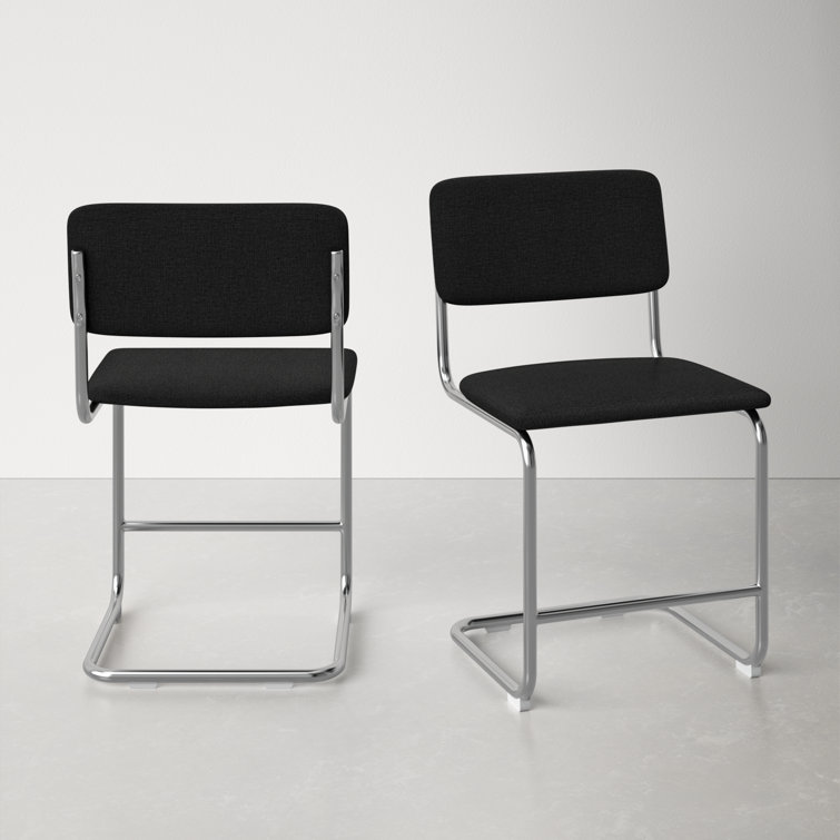 Black Linen Upholstered Dining Chairs with Chrome Legs, Set of 2