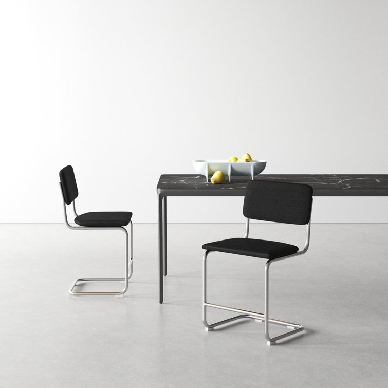 Black Linen Upholstered Dining Chairs with Chrome Legs, Set of 2