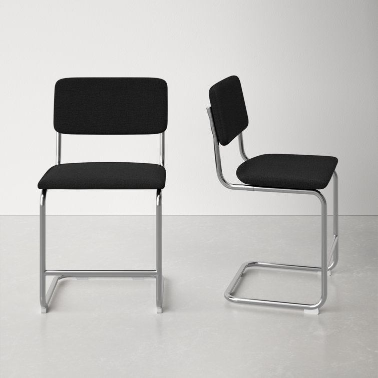 Black Linen Upholstered Dining Chairs with Chrome Legs, Set of 2