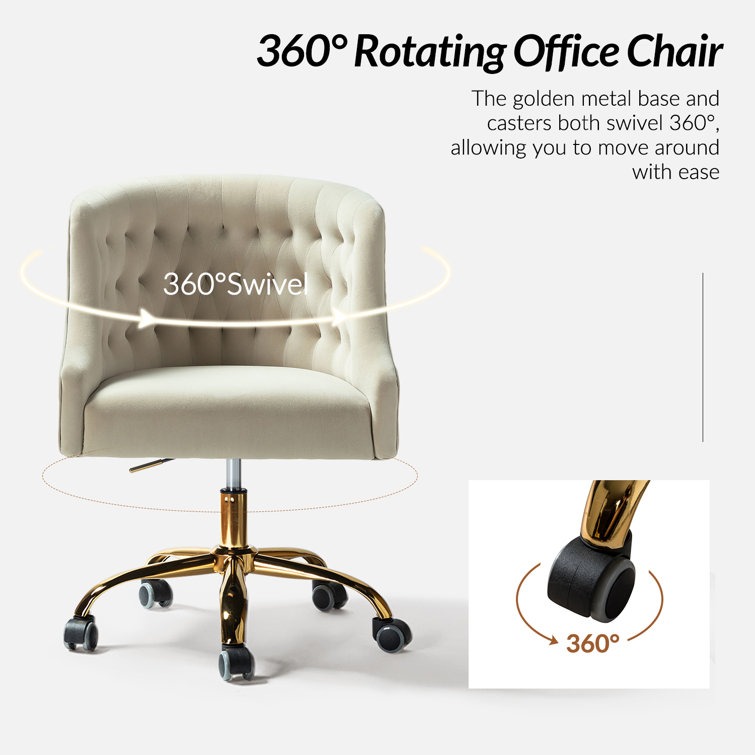 Tan Velvet Button-Tufted Swivel Task Chair with Gold Base
